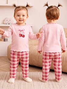 1set Baby Girl Spring/Fall Autumn/Winter New Bowknot Cherry Pink And Red And White Print Knit Wavy Colorblock Ruffle Trim Long Sleeve Pants Soft - Multicolor - View 7