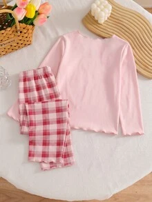 1set Baby Girl Spring/Fall Autumn/Winter New Bowknot Cherry Pink And Red And White Print Knit Wavy Colorblock Ruffle Trim Long Sleeve Pants Soft - Multicolor - View 3