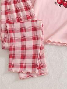 1set Baby Girl Spring/Fall Autumn/Winter New Bowknot Cherry Pink And Red And White Print Knit Wavy Colorblock Ruffle Trim Long Sleeve Pants Soft - Multicolor - View 6