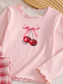 1set Baby Girl Spring/Fall Autumn/Winter New Bowknot Cherry Pink And Red And White Print Knit Wavy Colorblock Ruffle Trim Long Sleeve Pants Soft - Multicolor - View 5