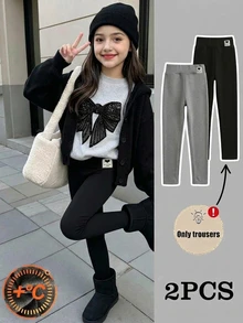 Girls High Waist Comfortable Solid Color Denim Soft Elastic Thermal Lined Leggings, 2pcs Casual Long Pants Set For Autumn/Winter - Multicolor - View 3
