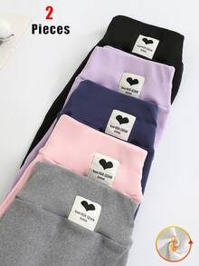 Girls High Waist Comfortable Solid Color Denim Soft Elastic Thermal Lined Leggings, 2pcs Casual Long Pants Set For Autumn/Winter - Multicolor - View 4