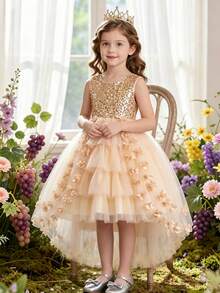 Glamorique Kids 女童金色亮片大蝴蝶結裝飾高低擺網紗花童禮服，優雅公主風婚禮生日派對喇叭裙 - 香檳色 - 查看 8