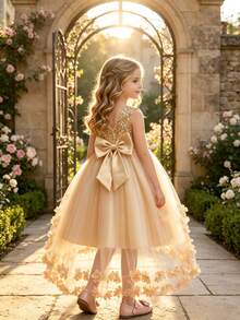 Glamorique Kids 女童金色亮片大蝴蝶結裝飾高低擺網紗花童禮服，優雅公主風婚禮生日派對喇叭裙 - 香檳色 - 查看 4