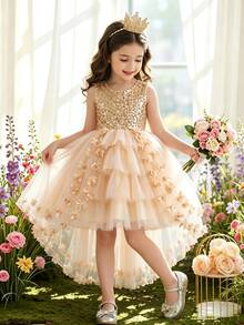 Glamorique Kids 女童金色亮片大蝴蝶結裝飾高低擺網紗花童禮服，優雅公主風婚禮生日派對喇叭裙 - 香檳色 - 查看 3