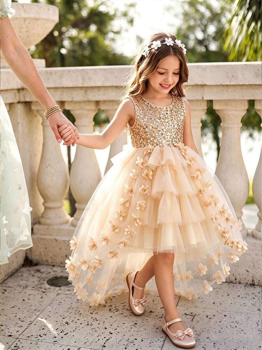 Glamorique Kids 女童金色亮片大蝴蝶結裝飾高低擺網紗花童禮服,優雅公主風婚禮生日派對喇叭裙 - 香檳色 - 查看 1
