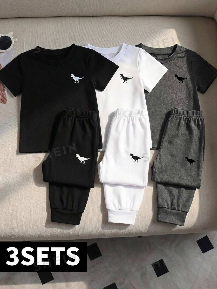 SHEIN Playful Pals 6件組 嬰幼兒男童恐龍印花圓領短袖T恤與長褲休閒套裝 男童夏季服裝套組 - 酒紅色 - 查看 1