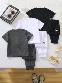 SHEIN Playful Pals 6件組 嬰幼兒男童恐龍印花圓領短袖T恤與長褲休閒套裝 男童夏季服裝套組 - 酒紅色 - 查看 2