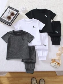 SHEIN Playful Pals 6件組 嬰幼兒男童恐龍印花圓領短袖T恤與長褲休閒套裝 男童夏季服裝套組 - 酒紅色 - 查看 6
