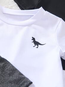 SHEIN Playful Pals 6件組 嬰幼兒男童恐龍印花圓領短袖T恤與長褲休閒套裝 男童夏季服裝套組 - 酒紅色 - 查看 3
