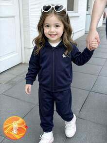 SHEIN Baby Girl Autumn/Winter Soft Comfortable Cute Embroidered Navy Blue Thermal Lined Long Sleeve Hooded Sweatshirt & Pants 2 Pieces Set - Navy Blue - View 11