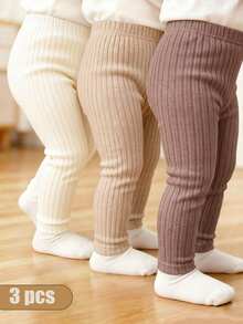 SHEIN Vintaside Kids Baby Girl 3pcs Ribbed Knit Leggings - Multicolor - View 1