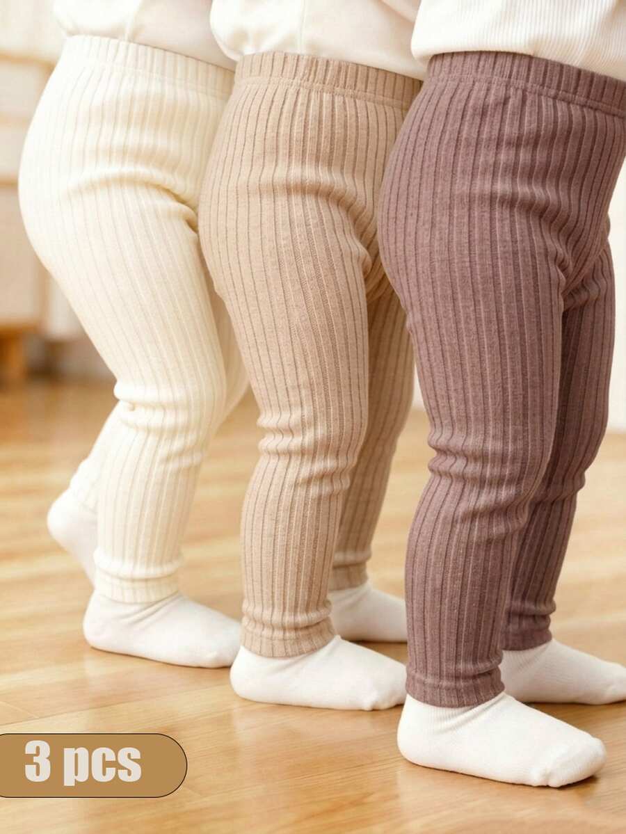 SHEIN Vintaside Kids Baby Girl 3pcs Ribbed Knit Leggings - Multicolor - View 1