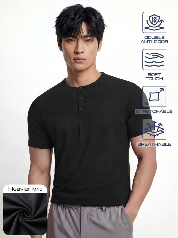 TekDrob Kaos Henley Viscose dengan Efek Anti Bau Ganda dan Potongan Reguler - Hitam - View 1