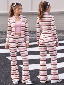 SHEIN Sparklyn 青少年女孩 Y2K 街頭風 3 件套運動服套裝，條紋拉鍊夾克、細肩帶背心、喇叭褲腳運動長褲，修身休閒秋冬穿搭 - 粉色 - 查看 3