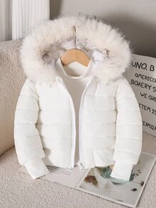 Young Girls' Solid Color Warm Winter Casual Hooded Padded Coat With Fur Collar - White - View 3