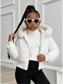 Young Girls' Solid Color Warm Winter Casual Hooded Padded Coat With Fur Collar - White - View 5