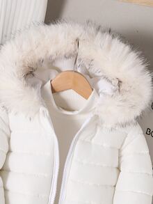 Young Girls' Solid Color Warm Winter Casual Hooded Padded Coat With Fur Collar - White - View 6
