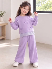 Genkimix Kids Girls Korean Style Energetic Loose Purple Sweatshirt 2 In 1 Bow Knot Pattern 2 Pieces Set Autumn Winter - Purple - View 3