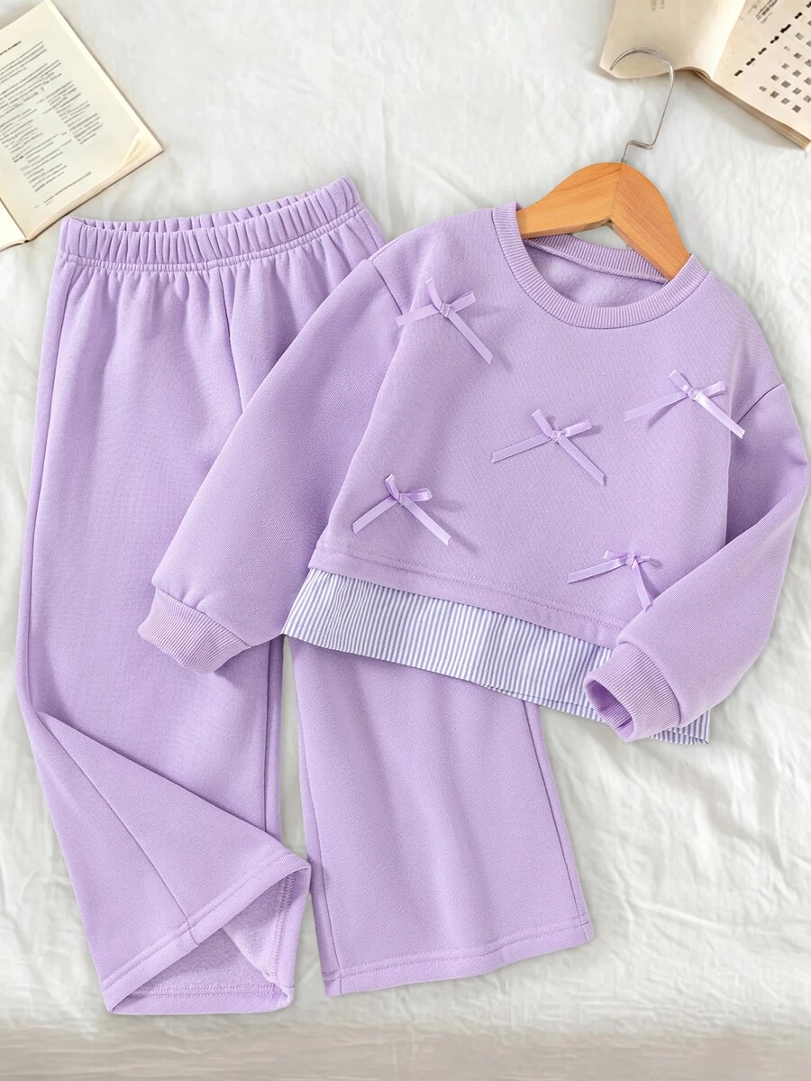 Genkimix Kids Girls Korean Style Energetic Loose Purple Sweatshirt 2 In 1 Bow Knot Pattern 2 Pieces Set Autumn Winter - Purple - View 1