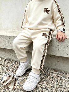 2件組小男孩圓領運動衫與運動長褲套裝，時尚豹紋條紋設計，街頭風，適合假期派對，舒適休閒，春夏秋季穿著，柔軟舒適，男嬰首選，時尚休閒街頭穿搭 - 彩色 - 查看 3