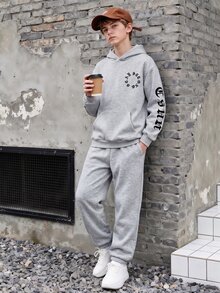 Coolqubz 青少年男孩 2件組 黑白寬鬆套裝 哥德字母印花連帽衛衣＋寬鬆慢跑長褲 秋季 Sixth Form 派對穿搭 - 灰色 - 查看 4