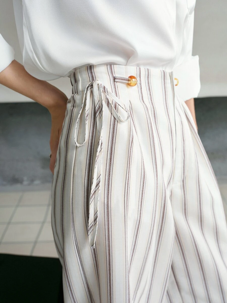 MOTF PREMIUM WOMEN'S BREATHABLE STRIPED TIE SIDE LONG PANTS - Beige - View 2