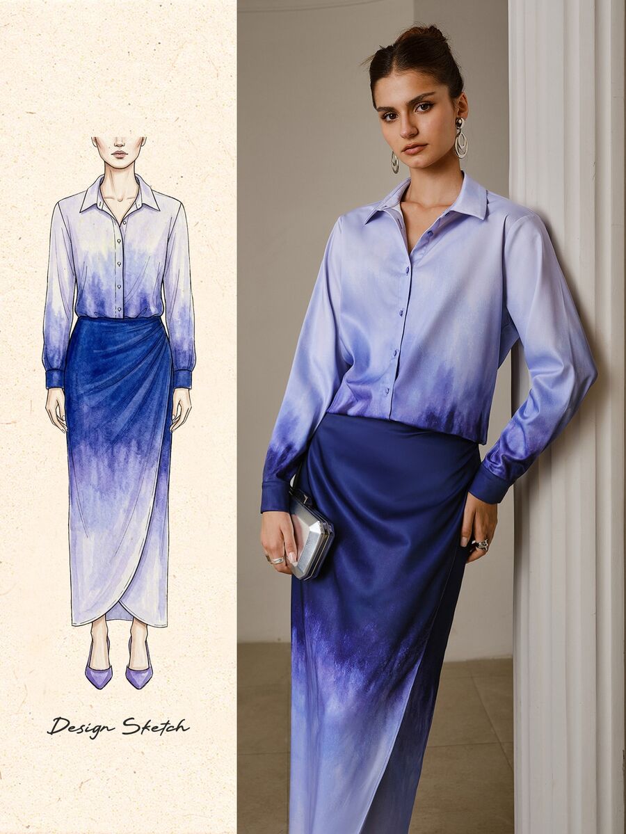 ZEYLAH Women's Light Blue Long Sleeve Top And Skirt Casual Elegant 2 Pieces Set Brunch - Purple - View 1