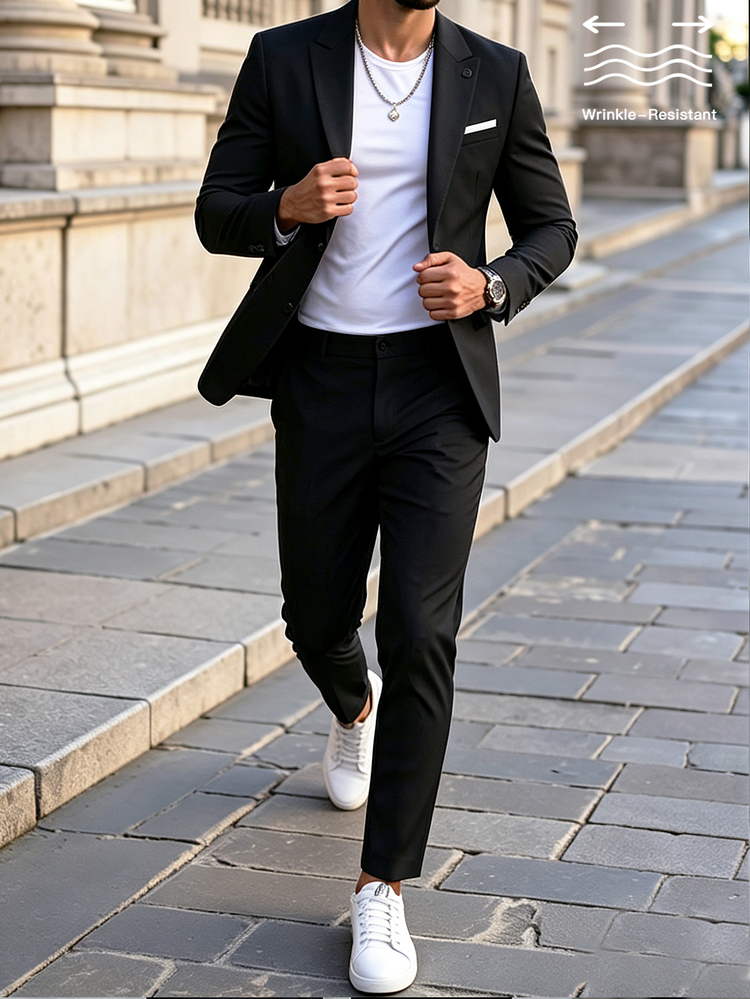 Manfinity Mode Men's Black Fashion Wrinkle-Resistant Solid Color Business Casual Suit Set, Formal, Old Money - Black - View 5