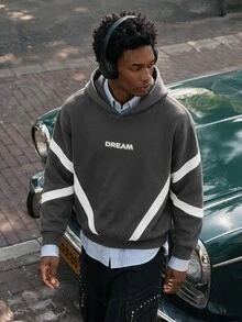 Lonveris Geometric Colorblock Letter Print Hoodie, Geometric Colorblock Captures Street Focus, Wear DREAM Dream, Express Your Cool Attitude - Dark Grey - View 3