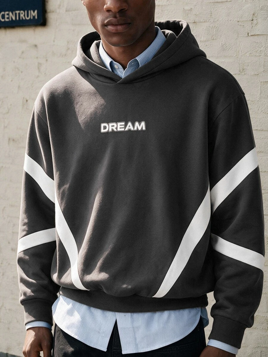 Lonveris Geometric Colorblock Letter Print Hoodie, Geometric Colorblock Captures Street Focus, Wear DREAM Dream, Express Your Cool Attitude - Dark Grey - View 1