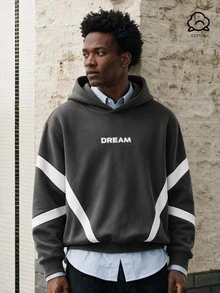 Lonveris Geometric Colorblock Letter Print Hoodie, Geometric Colorblock Captures Street Focus, Wear DREAM Dream, Express Your Cool Attitude - Dark Grey - View 5