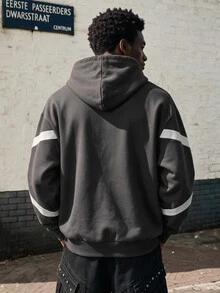 Lonveris Geometric Colorblock Letter Print Hoodie, Geometric Colorblock Captures Street Focus, Wear DREAM Dream, Express Your Cool Attitude - Dark Grey - View 2