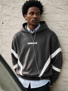 Lonveris Geometric Colorblock Letter Print Hoodie, Geometric Colorblock Captures Street Focus, Wear DREAM Dream, Express Your Cool Attitude - Dark Grey - View 6