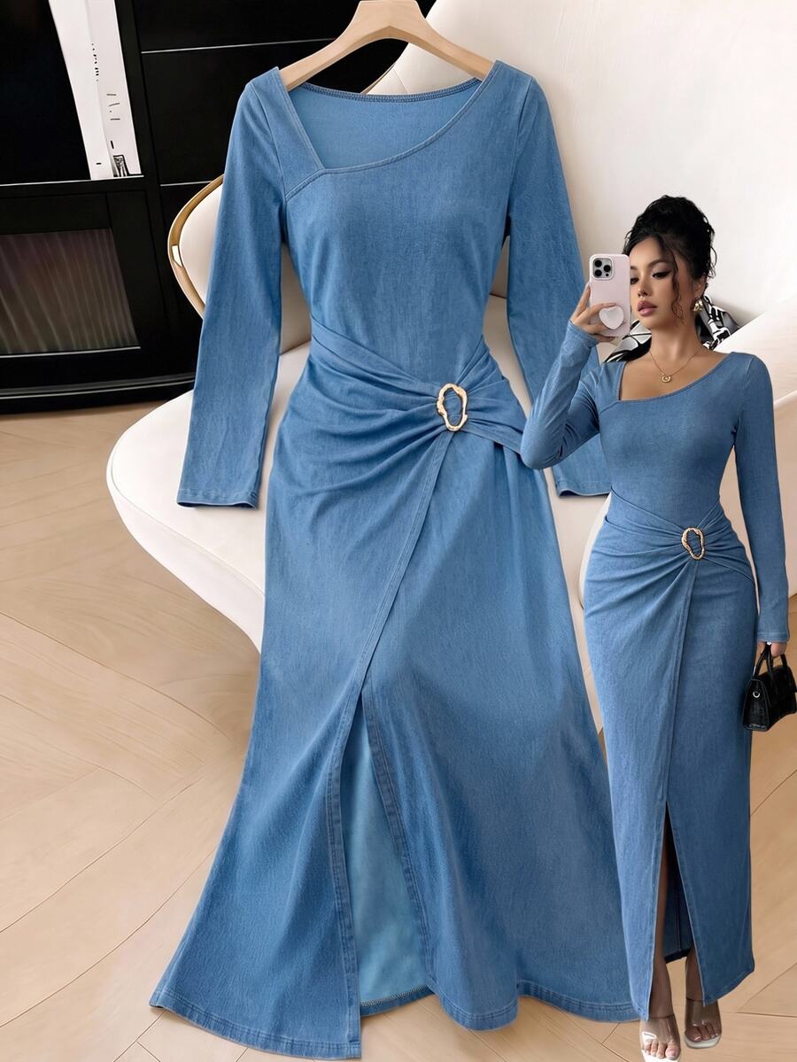 GlowEve Women's Fashion Elegant Asymmetrical Neckline Long Sleeve Asymmetrical Pleated Hem Split Denim Dress - Blue - View 1