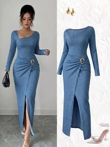 GlowEve Women's Fashion Elegant Asymmetrical Neckline Long Sleeve Asymmetrical Pleated Hem Split Denim Dress - Blue - View 5