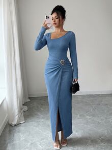 GlowEve Women's Fashion Elegant Asymmetrical Neckline Long Sleeve Asymmetrical Pleated Hem Split Denim Dress - Blue - View 4