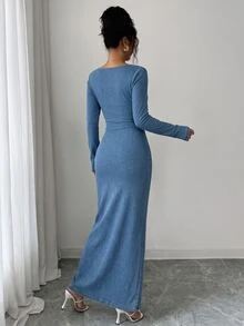 GlowEve Women's Fashion Elegant Asymmetrical Neckline Long Sleeve Asymmetrical Pleated Hem Split Denim Dress - Blue - View 2