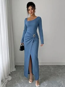 GlowEve Women's Fashion Elegant Asymmetrical Neckline Long Sleeve Asymmetrical Pleated Hem Split Denim Dress - Blue - View 3