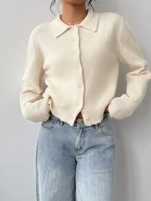 SHEIN BASICS Women's Soft Style Casual Versatile Button Long Sleeve Knit Cardigan Office Brunch Beige Autumn - Apricot - View 3