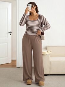 SHEIN Frenchy 大尺碼女款條紋拼接長袖上衣與長褲休閒日常兩件套 秋季 - 棕色 - 查看 6