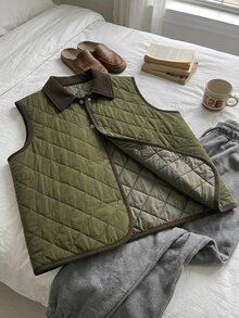 FRIFUL Jaket Rompi Wanita Musim Gugur Motif Blok Warna Berlian Berlapis Empuk untuk Musim Dingin - Hijau - View 11