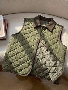 FRIFUL Jaket Rompi Wanita Musim Gugur Motif Blok Warna Berlian Berlapis Empuk untuk Musim Dingin - Hijau - View 10