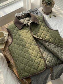 FRIFUL Jaket Rompi Wanita Musim Gugur Motif Blok Warna Berlian Berlapis Empuk untuk Musim Dingin - Hijau - View 1