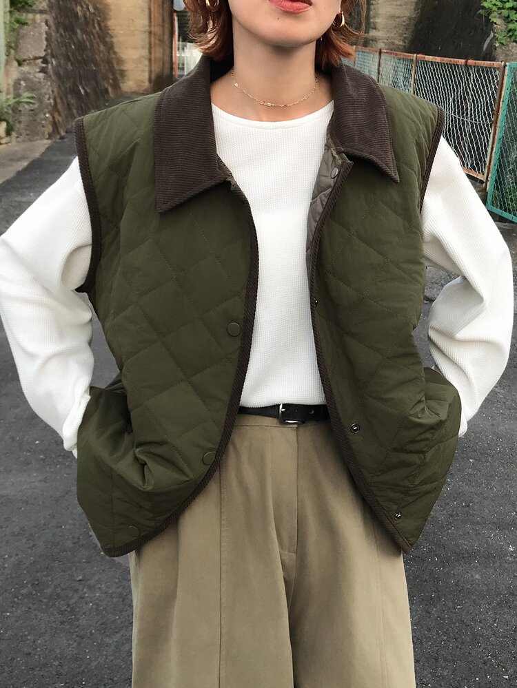 FRIFUL Women's Autumn Colorblock Diamond Quilted Padded Vest Jacket - Green - View 4