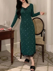 DAZY Autumn/Winter Bowknot Print Contrast Color Lace Patchwork Waist-Cinching Long Women's Nightgown - Dark Green - View 4