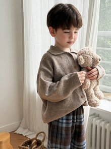 Dazy Kids Boys' Thick Knit Cardigan Sweater, Long Sleeve, Turn-Down Collar, Casual Basic Style, Autumn/Winter - Brown - View 1