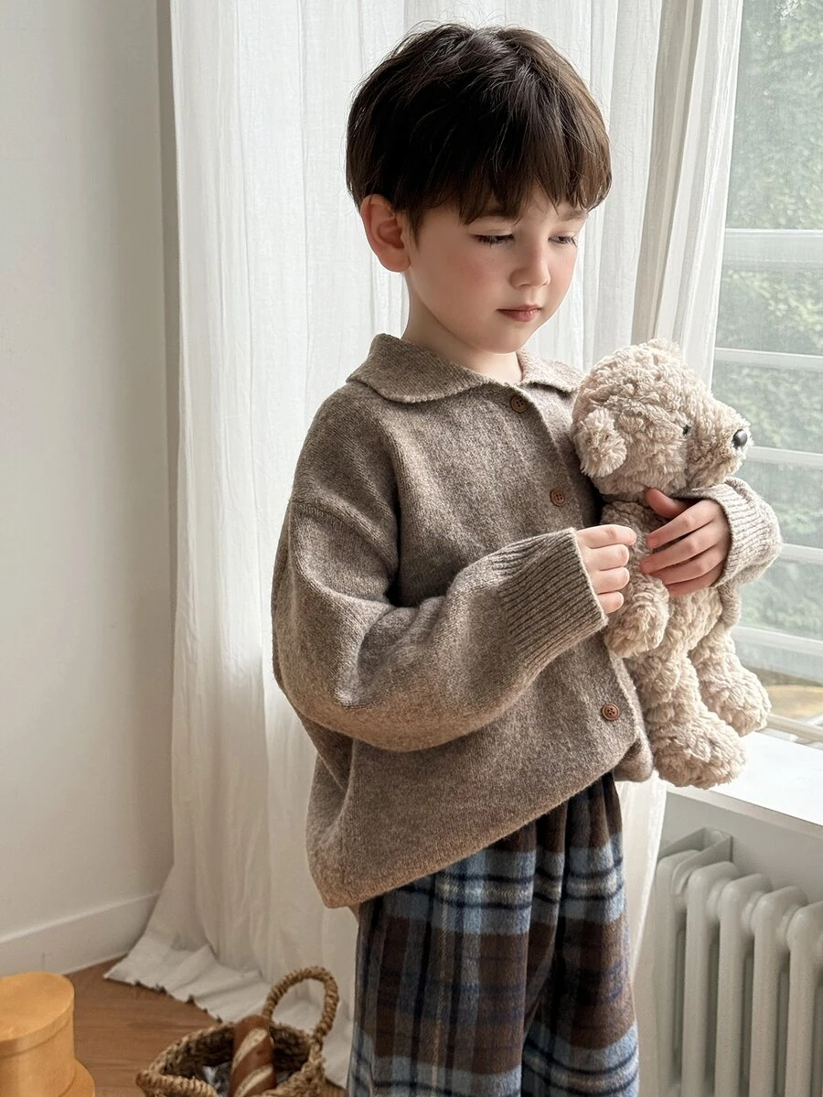 Dazy Kids Boys' Thick Knit Cardigan Sweater, Long Sleeve, Turn-Down Collar, Casual Basic Style, Autumn/Winter - Brown - View 1