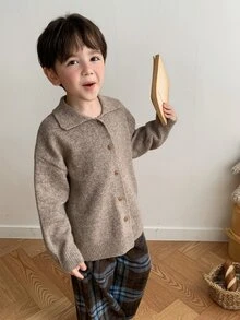 Dazy Kids Boys' Thick Knit Cardigan Sweater, Long Sleeve, Turn-Down Collar, Casual Basic Style, Autumn/Winter - Brown - View 3