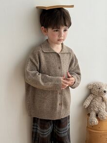 Dazy Kids Boys' Thick Knit Cardigan Sweater, Long Sleeve, Turn-Down Collar, Casual Basic Style, Autumn/Winter - Brown - View 2
